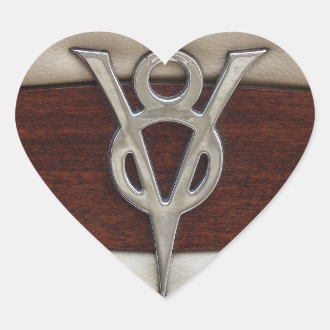 V8 Chrome Emblem Leather and Wood Heart Sticker (Front)