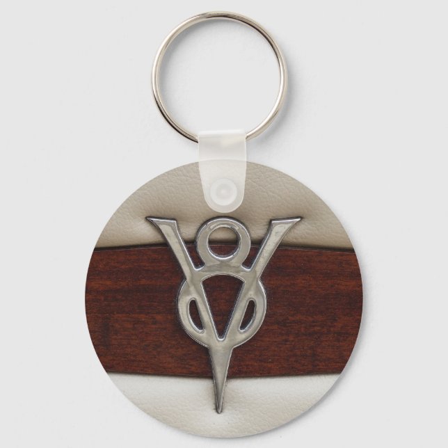 V8 Chrome Emblem Leather and Wood Key Ring (Front)