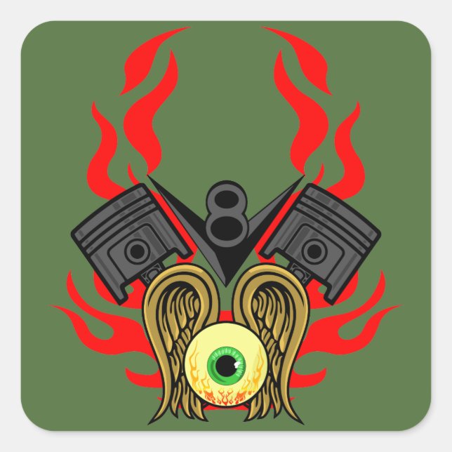 V8 Piston Heads Flying Eye Square Sticker (Front)