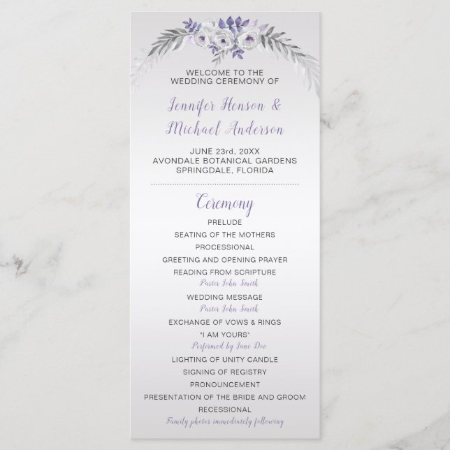 V#2 Purple Grey Silver Floral Wedding Program Programme (Front)