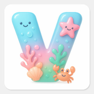 "V" Cute Letter - Underwater Sea Creature  Square Sticker