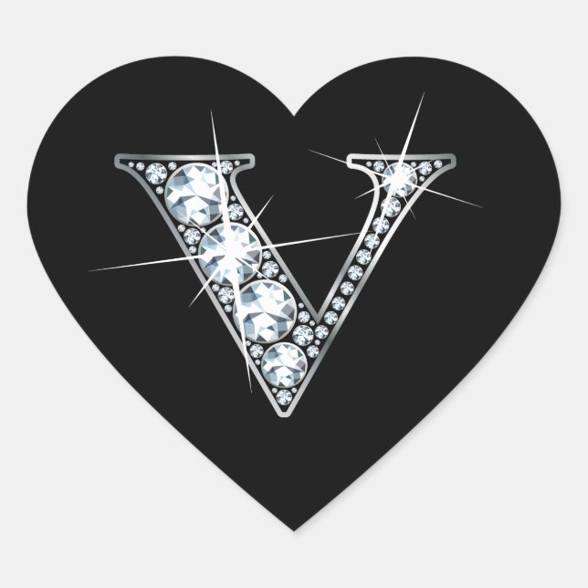 "V" Diamond Bling on Black Heart Sticker (Front)