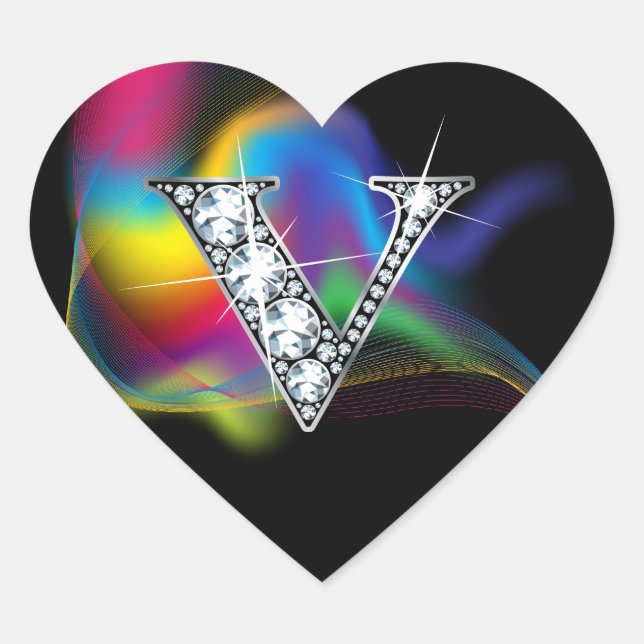 "V" Diamond Bling on Rainbow Swirl Heart Sticker (Front)