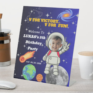 V For Victory V For Fun Astronaut Boy Birthday Pedestal Sign