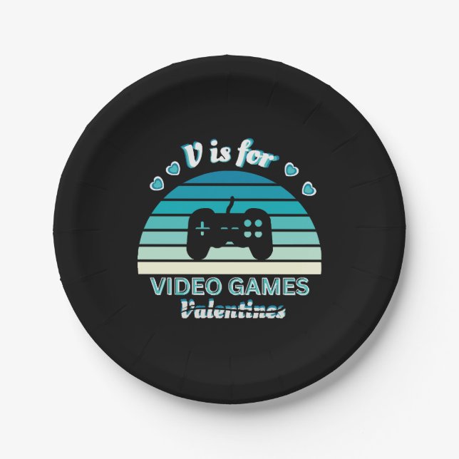 V for Video Games Not Valentines - Funny Retro Col Paper Plate (Front)