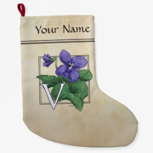 V for Violet Flower Alphabet Monogram Large Christmas Stocking