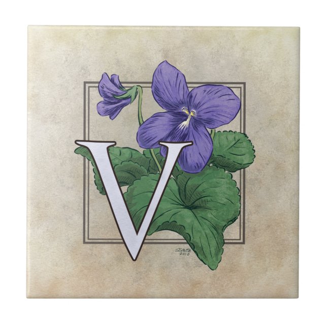 V for Violet Flower Floral Monogram Art Tile (Front)