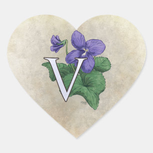 V for Violet Flower Monogram Heart Sticker