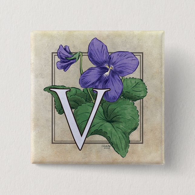 V for Violets Flower Monogram 15 Cm Square Badge (Front)