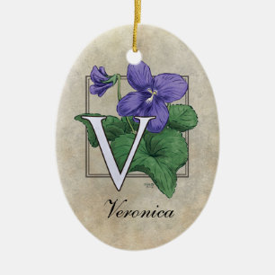 V for Violets Flower Monogram Ceramic Tree Decoration