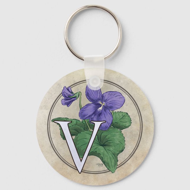 V for Violets Flower Monogram Key Ring (Front)