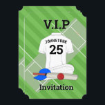V.I.P Cricket Birthday Party Invitation<br><div class="desc">Cricket design party invitation for the young Cricket fan or player , or the young at heart. Front features a cricket shirt with customisable name and number, a cricket bat, ball, cricket cap and pads. The background features a cricket wicket and pitch.The back of the invitation features the cricket wicket...</div>