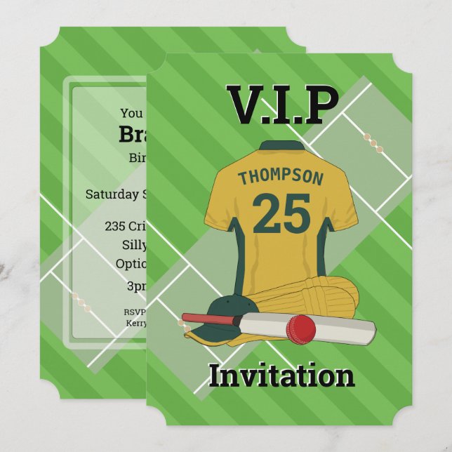 V.I.P Cricket (GGR) Birthday Party Invitation (Front/Back)