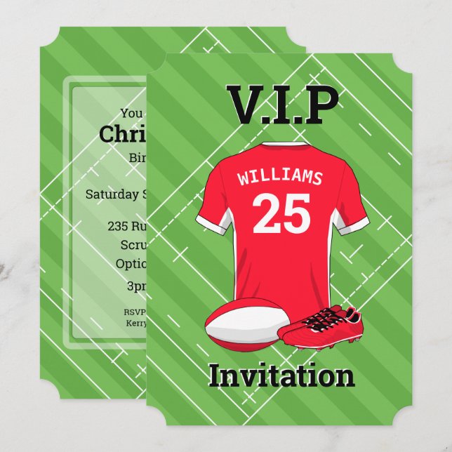 V.I.P Rugby (RED) Birthday Party Invitation (Front/Back)