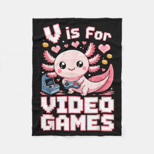 V is for video games cute axolotl gamer valentine fleece blanket