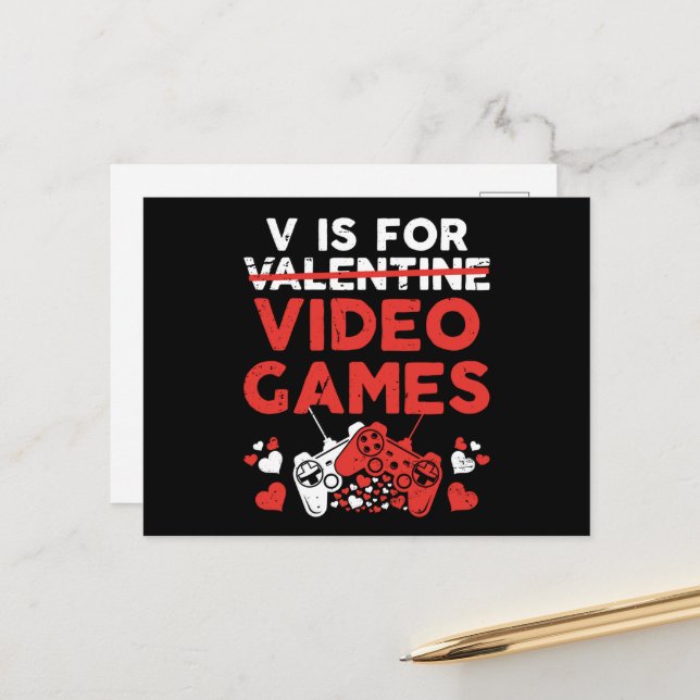 V Is For Video Games Valentine Gamer Postcard (Front/Back In Situ)