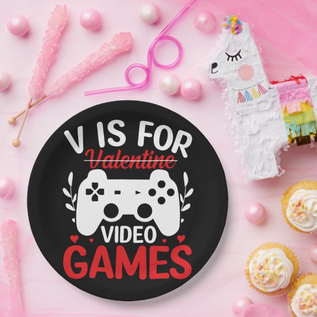 V is for Video Games with Valentine Crossed Out Paper Plate (Party)