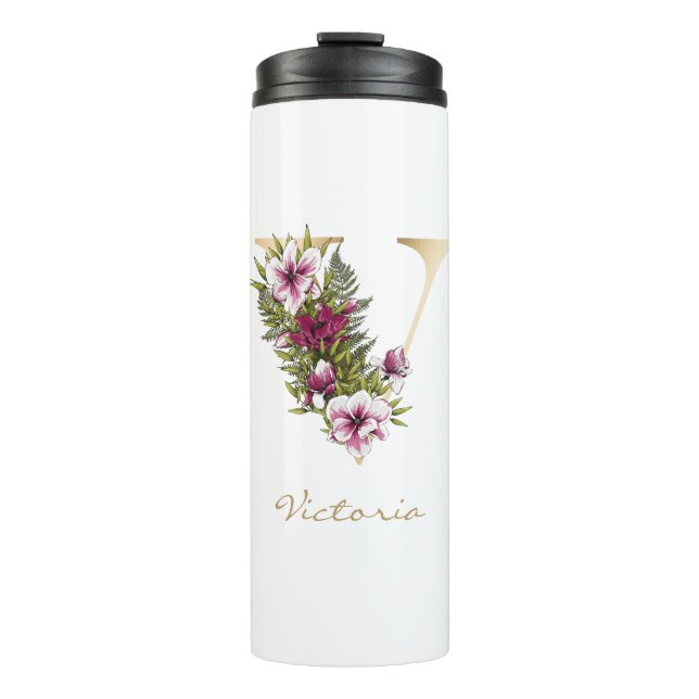 V Letter Gold Monogram Marsala White Florals Thermal Tumbler (Front)