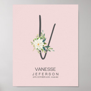 V Letter Monogram Blush Floral Decor