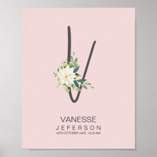 V Letter Monogram Blush Floral Decor