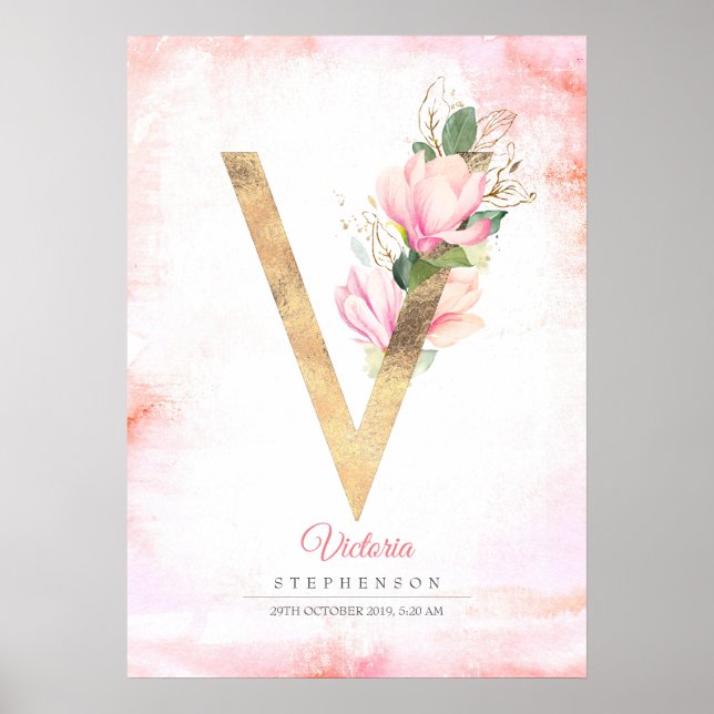 V Letter Monogram Gold Leaves Pink Magnolia Floral Poster (Front)