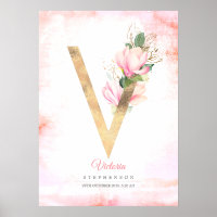 V Letter Monogram Gold Leaves Pink Magnolia Floral