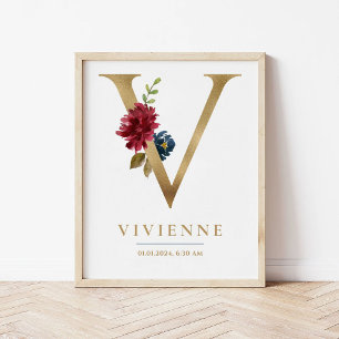 V Letter Monogram Name Marsala Floral Nursery Poster
