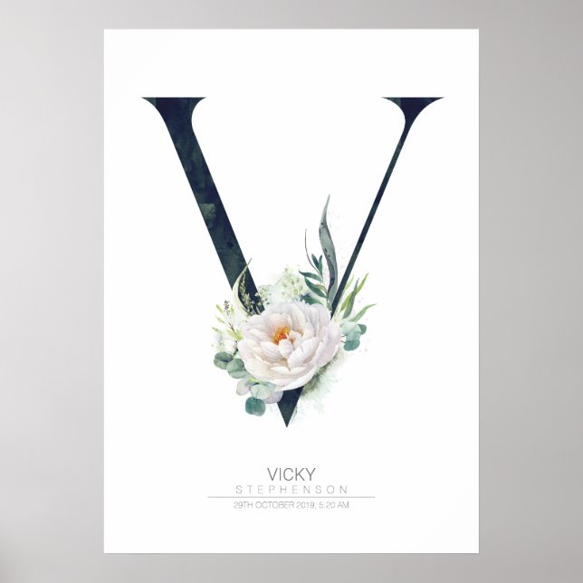 V Letter Monogram White Flowers and Greenery Poster (Front)