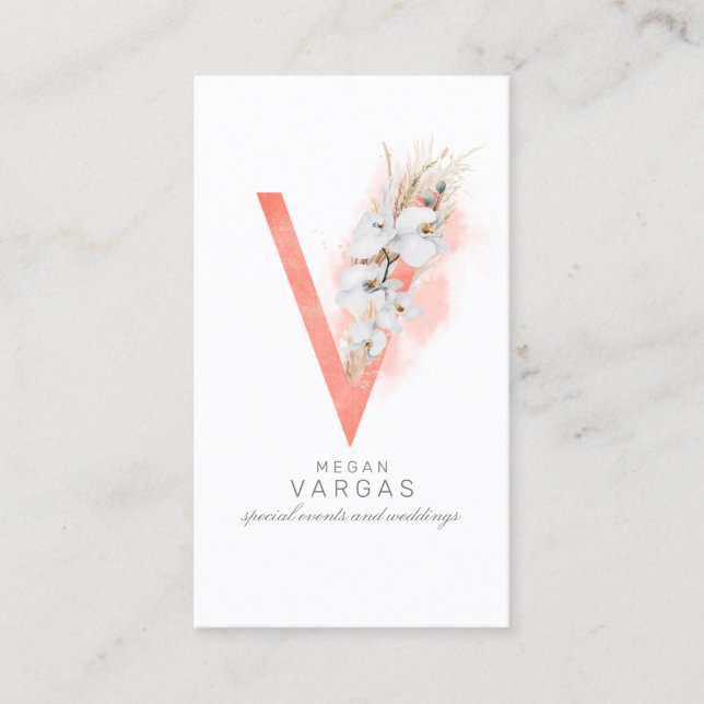 V Letter Monogram White Orchids and Pampas Grass Business Card (Front)
