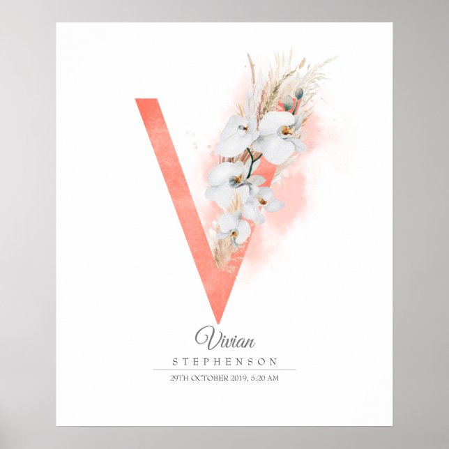 V Letter Monogram White Orchids and Pampas Grass Poster (Front)