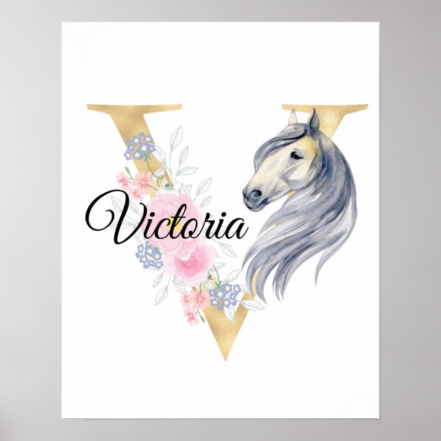 V letter personalized name monogram with horse poster (Front)