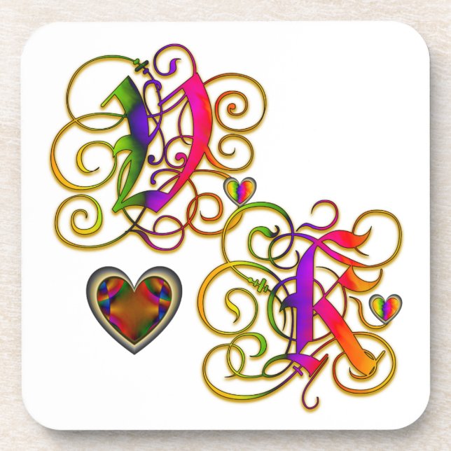V Loves K on White Coaster with Hearts (Front)