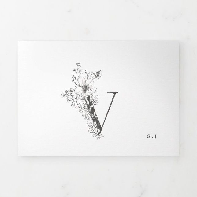 'V' Monogram Beautiful Sketched Floral Wedding Tri-Fold Invitation (Cover)