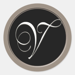 V monogram - elegant black and white classic round sticker