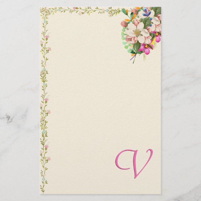 V Monogram Floral Bouquet Stationery (Front)