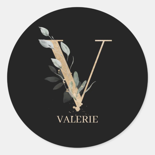 V Monogram Floral Personalised Classic Round Sticker (Front)