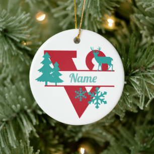V Monogram Initial Christmas Holiday Tree Ornament
