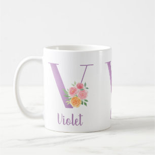 V Monogram Purple Floral Watercolor Personalised Coffee Mug