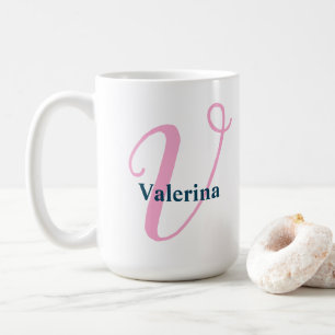 "V" Pink Fancy Script Monogram with Navy Name Coffee Mug