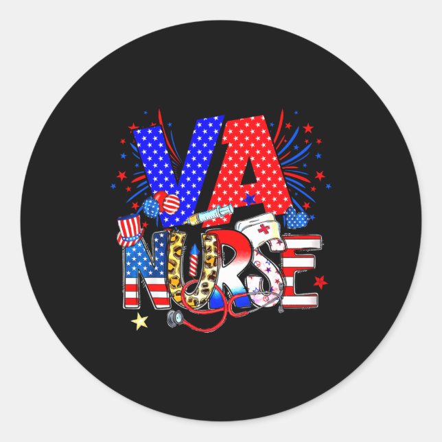 Va Nurse 4th Of July American Flag Stethoscope  Classic Round Sticker (Front)