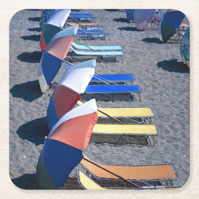 Vacant Chairs On Beach Square Paper Coaster (Front)