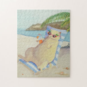 Vacation Beach Cat Under Palm Tree Jigsaw Puzzle