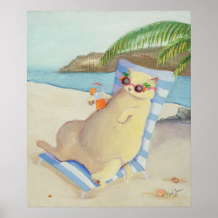 Vacation Beach Cat Under Palm Tree Wall Art