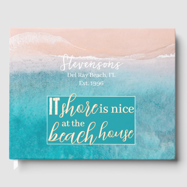 Vacation Beach House Minimalist Script Family Name Guest Book (Front)