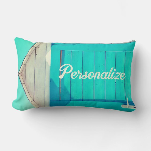 Vacation beachfront cabana turquoise white lumbar cushion (Front)