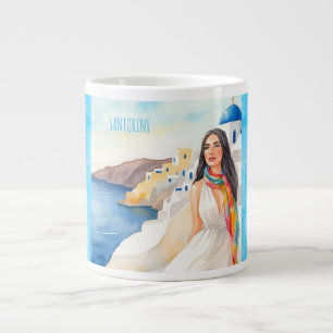 Vacation, Beautiful Women in Santorini Large Coffee Mug