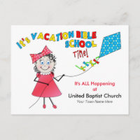 VACATION BIBLE SCHOOL POSTCARD - GIRL FLYING KITE
