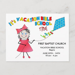 VACATION BIBLE SCHOOL POSTCARD - GIRL FLYING KITE