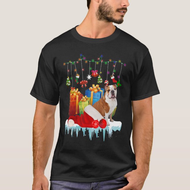 Vacation Bulldog Christmas Lights Santa Hat  Boxes T-Shirt (Front)