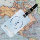 Vacation cruise names year lighthouse luggage tag<br><div class="desc">Nautical,  coastal beach theme. A light blue sky as background and a white lighthouse and a seagull,  bird as decoration. 
Personalise and add your names and year,  vacation destination
Back: add your contact information</div>